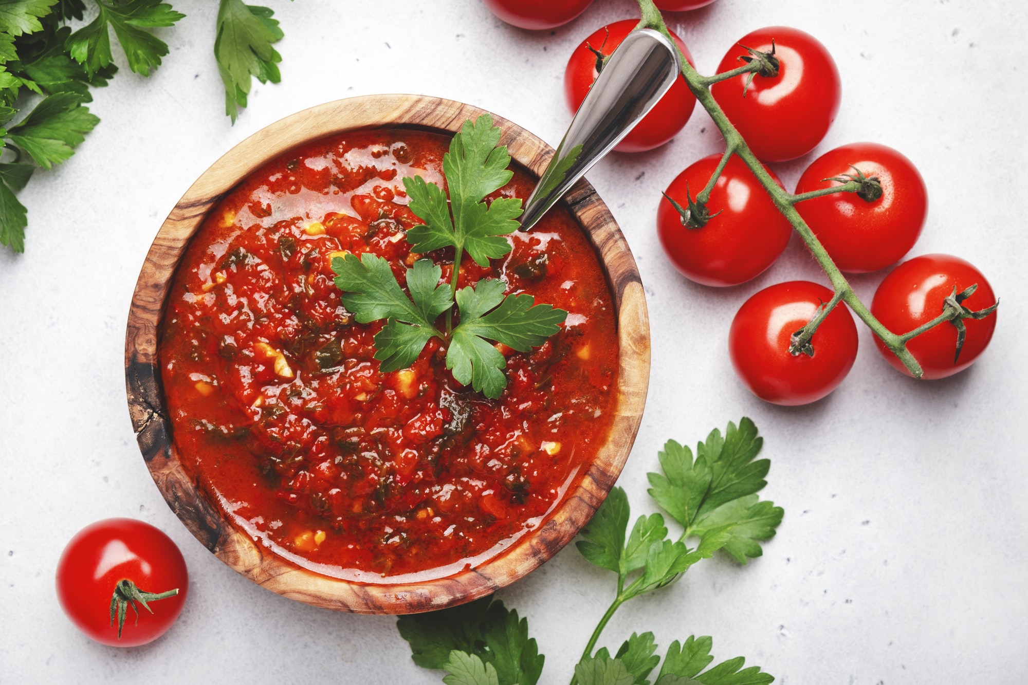 Traditional spicy arrabiata sauce with hot red peppers, garlic and herbs